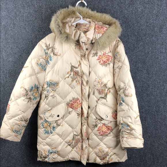 Sundance Duck Down womens L Floral Puffer Jacket with Faux Fur Hood Like new - Picture 1 of 12